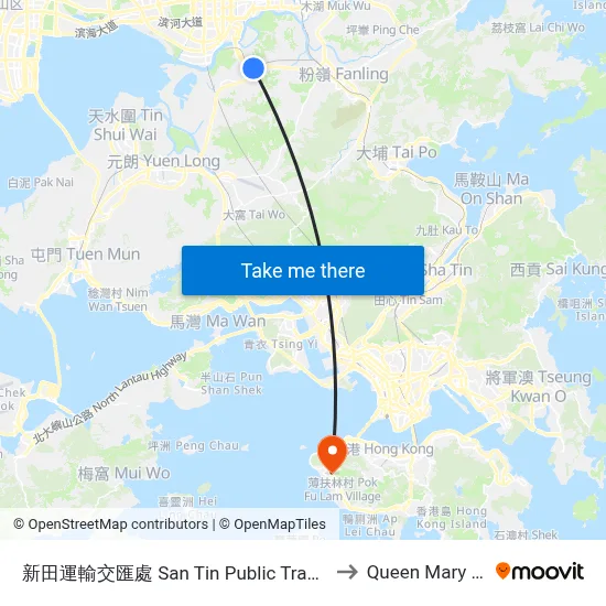 San Tin Public Transport Interchange to Queen Mary Hospital map