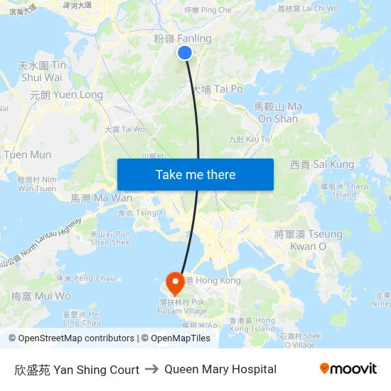 Yan Shing Court to Queen Mary Hospital map