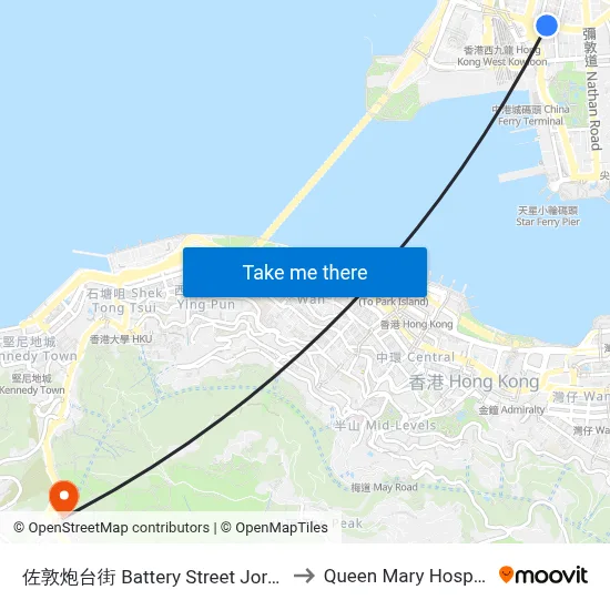 佐敦炮台街 Battery Street Jordan to Queen Mary Hospital map