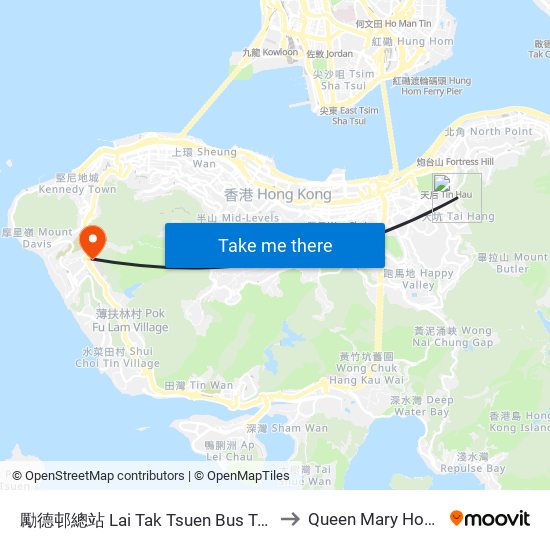 勵德邨總站 Lai Tak Tsuen Bus Terminus to Queen Mary Hospital map