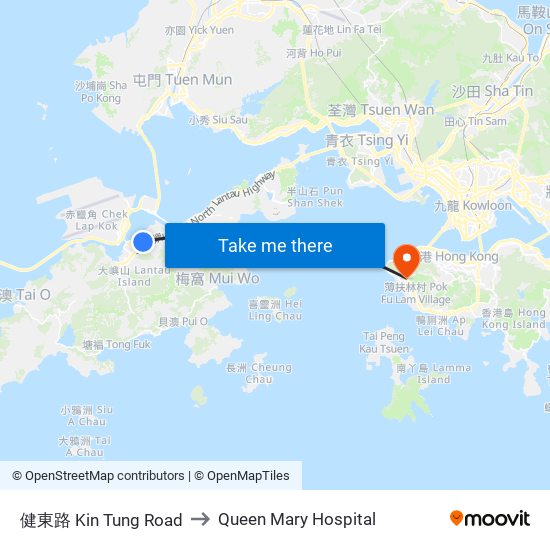 健東路 Kin Tung Road to Queen Mary Hospital map