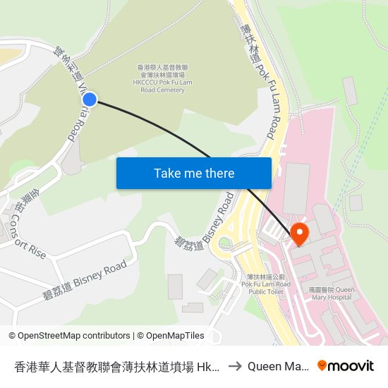 香港華人基督教聯會薄扶林道墳場 Hkcccu Pok Fu Lam Rd. Cemetery to Queen Mary Hospital map