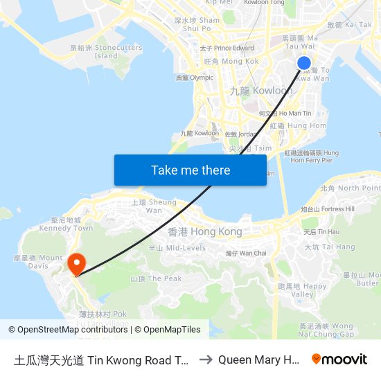 土瓜灣天光道 Tin Kwong Road To Kwa Wan to Queen Mary Hospital map
