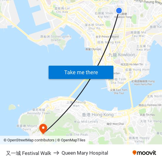 又一城 Festival Walk to Queen Mary Hospital map