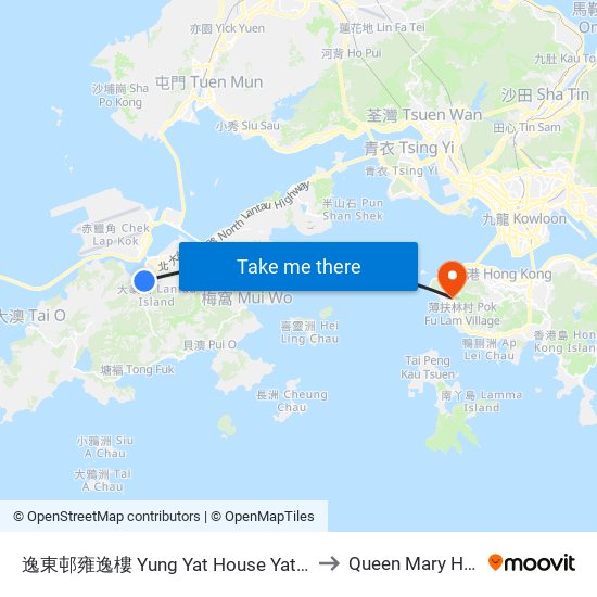 逸東邨雍逸樓 Yung Yat House Yat Tung Estate to Queen Mary Hospital map