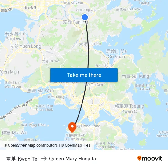 Kwan Tei to Queen Mary Hospital map
