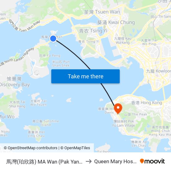 馬灣(珀欣路) MA Wan (Pak Yan Road) to Queen Mary Hospital map