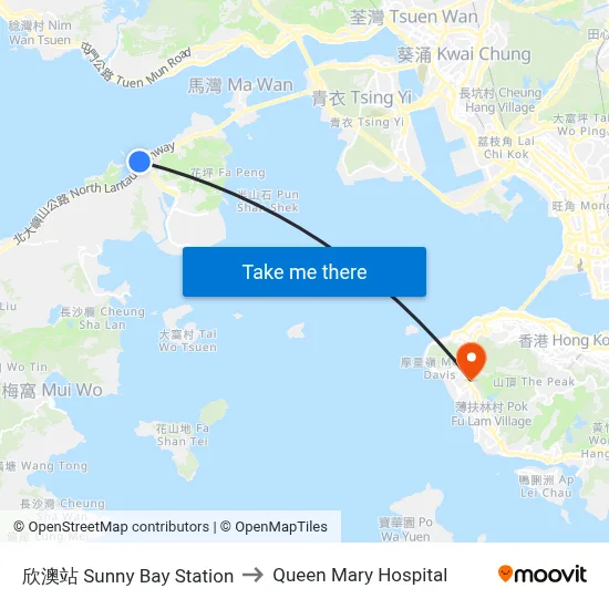 Sunny Bay Station to Queen Mary Hospital map