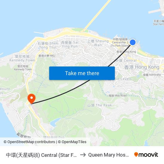 中環(天星碼頭) Central (Star Ferry) to Queen Mary Hospital map