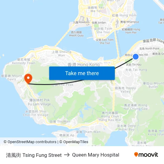 Tsing Fung Street to Queen Mary Hospital map