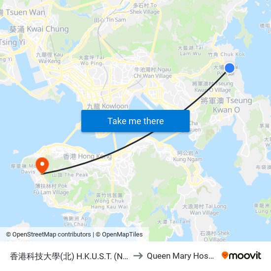 香港科技大學(北) H.K.U.S.T. (North) to Queen Mary Hospital map