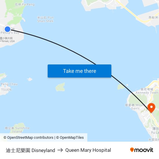 迪士尼樂園 Disneyland to Queen Mary Hospital map