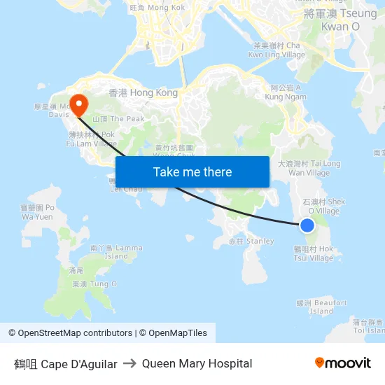 Cape D'Aguilar to Queen Mary Hospital map