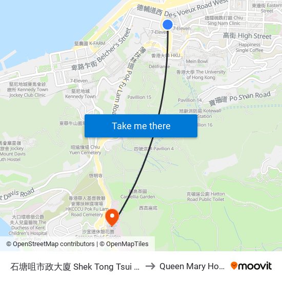 石塘咀市政大廈 Shek Tong Tsui Complex to Queen Mary Hospital map