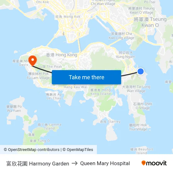 Harmony Garden to Queen Mary Hospital map