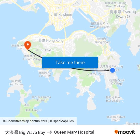 大浪灣 Big Wave Bay to Queen Mary Hospital map