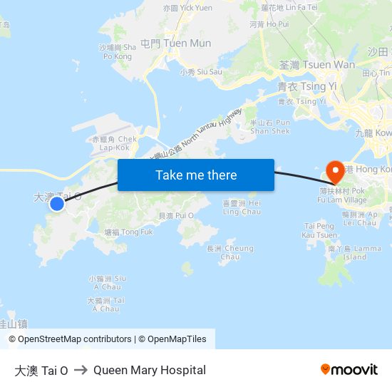 大澳 Tai O to Queen Mary Hospital map
