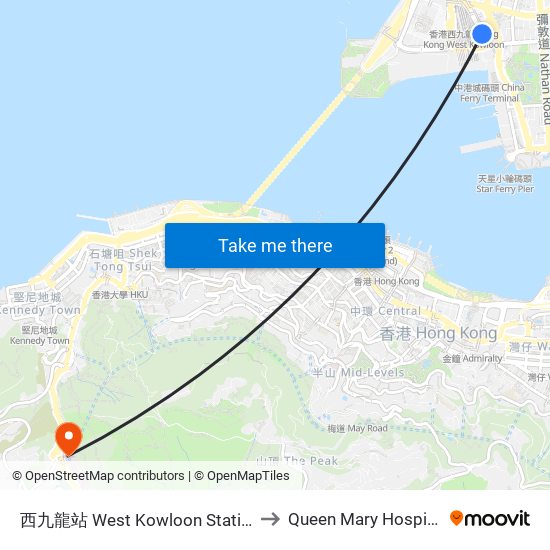 西九龍站 West Kowloon Station to Queen Mary Hospital map