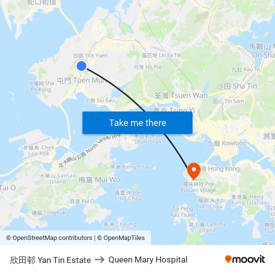 欣田邨 Yan Tin Estate to Queen Mary Hospital map