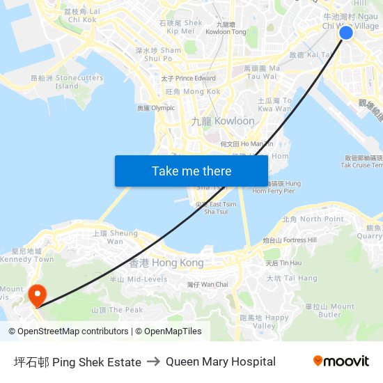 坪石邨 Ping Shek Estate to Queen Mary Hospital map