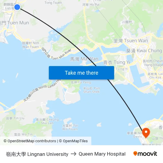 Lingnan University to Queen Mary Hospital map