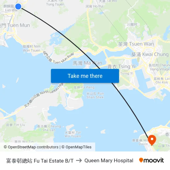 Fu Tai Estate Bus Terminal to Queen Mary Hospital map