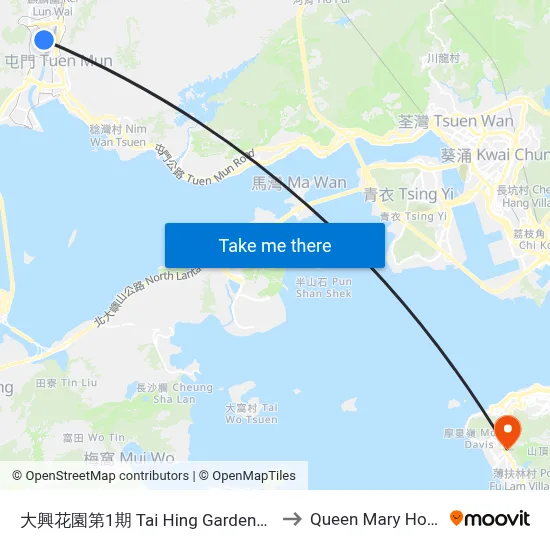 Tai Hing Gardens Phase I to Queen Mary Hospital map