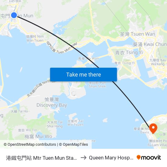 港鐵屯門站 Mtr Tuen Mun Station to Queen Mary Hospital map