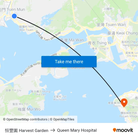 Harvest Garden to Queen Mary Hospital map