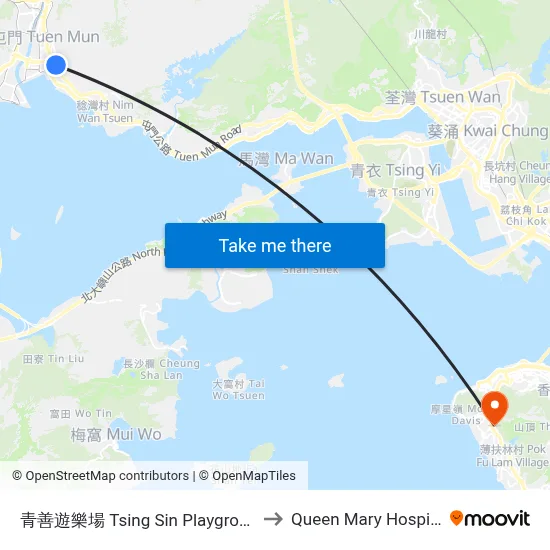 Tsing Sin Playground to Queen Mary Hospital map