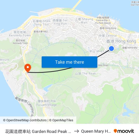 花園道纜車站 Garden Road Peak Tram Station to Queen Mary Hospital map