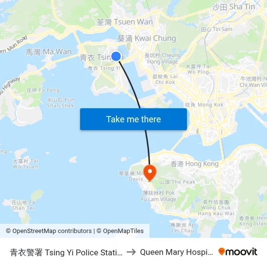 Tsing Yi Police Station to Queen Mary Hospital map