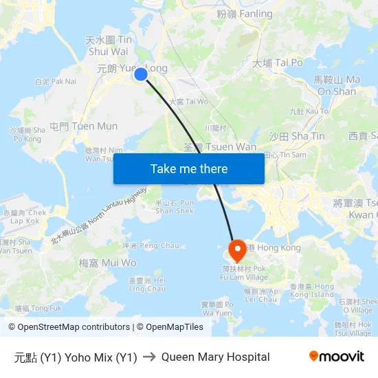 Yoho Mix (Y1) to Queen Mary Hospital map