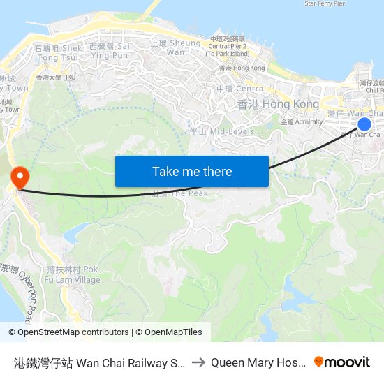 港鐵灣仔站 Wan Chai Railway Station to Queen Mary Hospital map