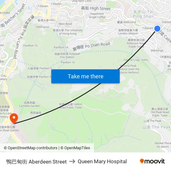 鴨巴甸街 Aberdeen Street to Queen Mary Hospital map