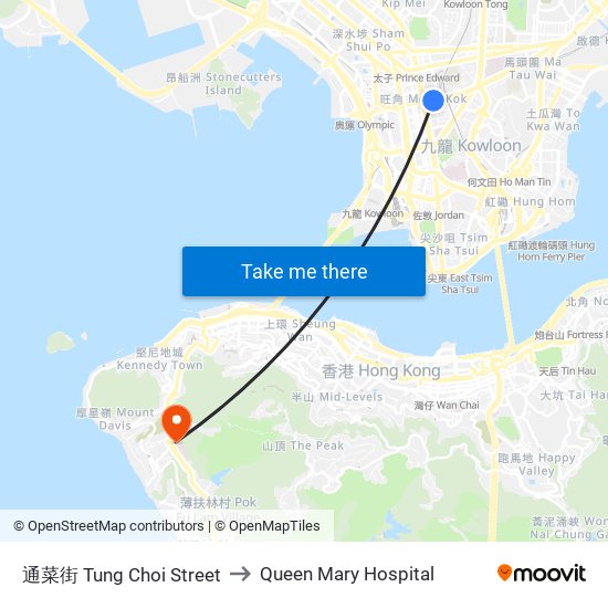 通菜街 Tung Choi Street to Queen Mary Hospital map