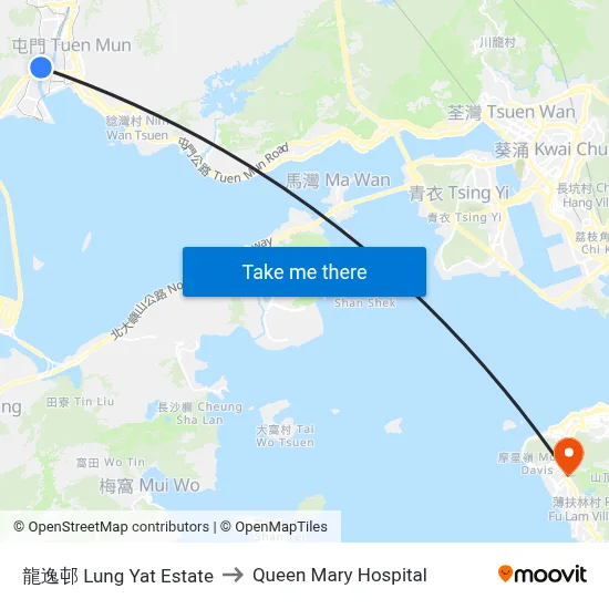 Lung Yat Estate to Queen Mary Hospital map