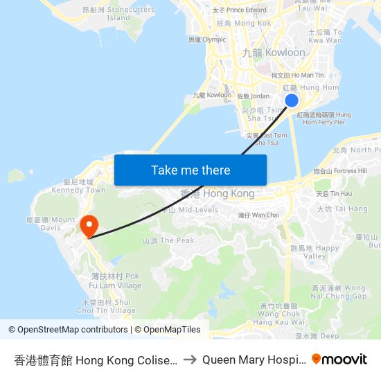 香港體育館 Hong Kong Coliseum to Queen Mary Hospital map