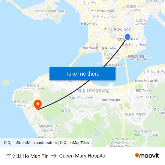 Ho Man Tin to Queen Mary Hospital map