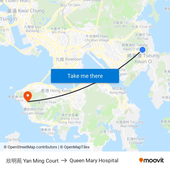 欣明苑 Yan Ming Court to Queen Mary Hospital map