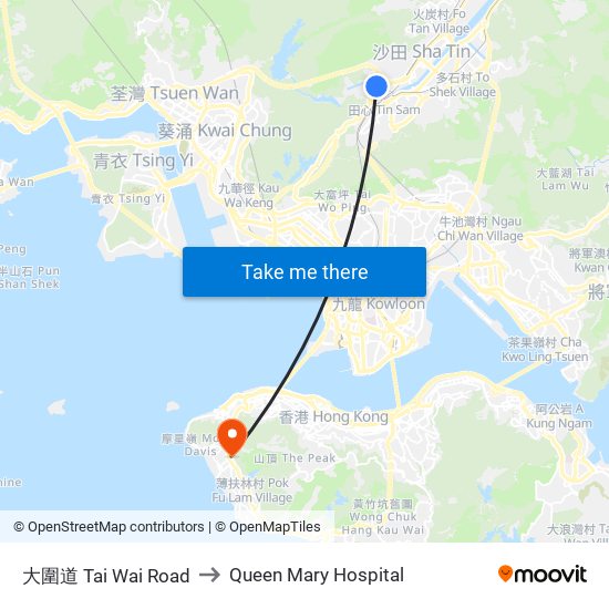 大圍道 Tai Wai Road to Queen Mary Hospital map