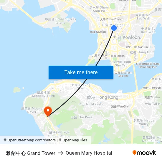 雅蘭中心 Grand Tower to Queen Mary Hospital map