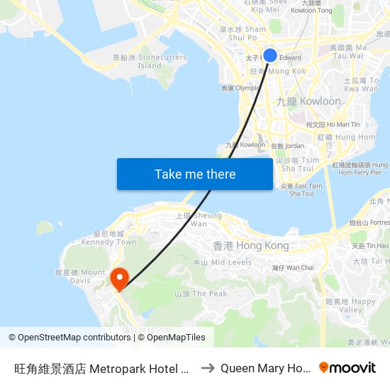 旺角維景酒店 Metropark Hotel Mongkok to Queen Mary Hospital map