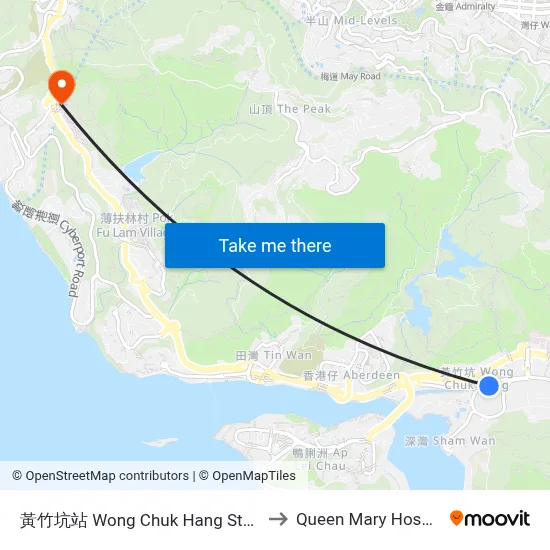 黃竹坑站 Wong Chuk Hang Station to Queen Mary Hospital map