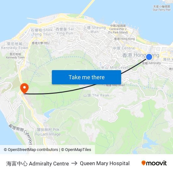 海富中心 Admiralty Centre to Queen Mary Hospital map