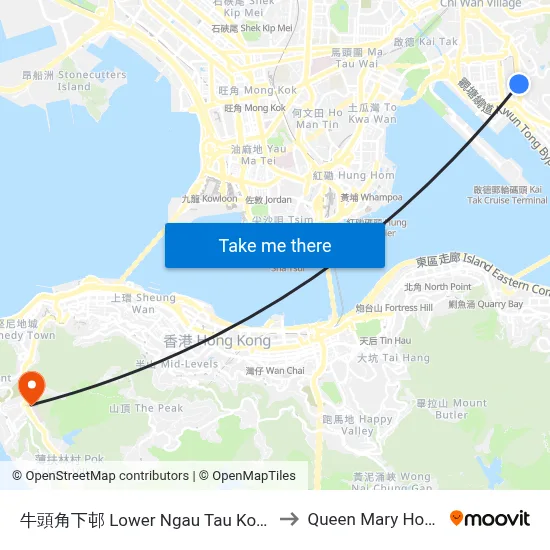 Lower Ngau Tau Kok Estate to Queen Mary Hospital map