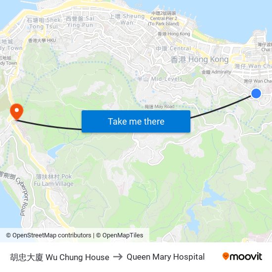胡忠大廈 Wu Chung House to Queen Mary Hospital map