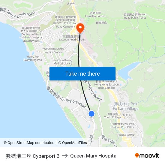 數碼港三座 Cyberport 3 to Queen Mary Hospital map