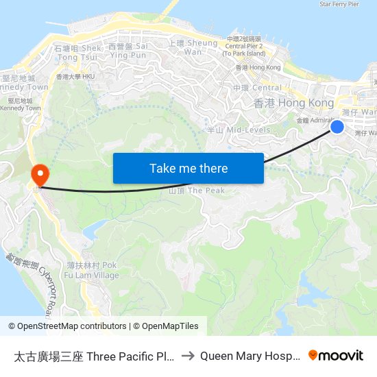 太古廣場三座 Three Pacific Place to Queen Mary Hospital map