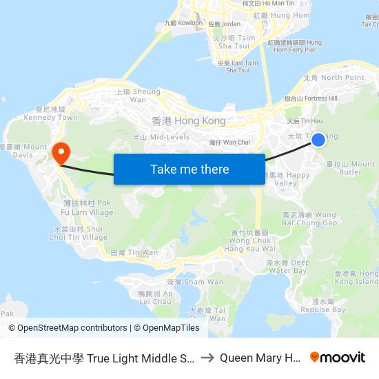 香港真光中學 True Light Middle School Of Hk to Queen Mary Hospital map